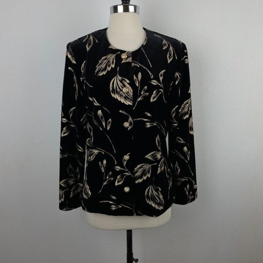 Vtg Liz Baker Black Velvet Velour Evening Jacket Gold Paint Glitter Leaves 10